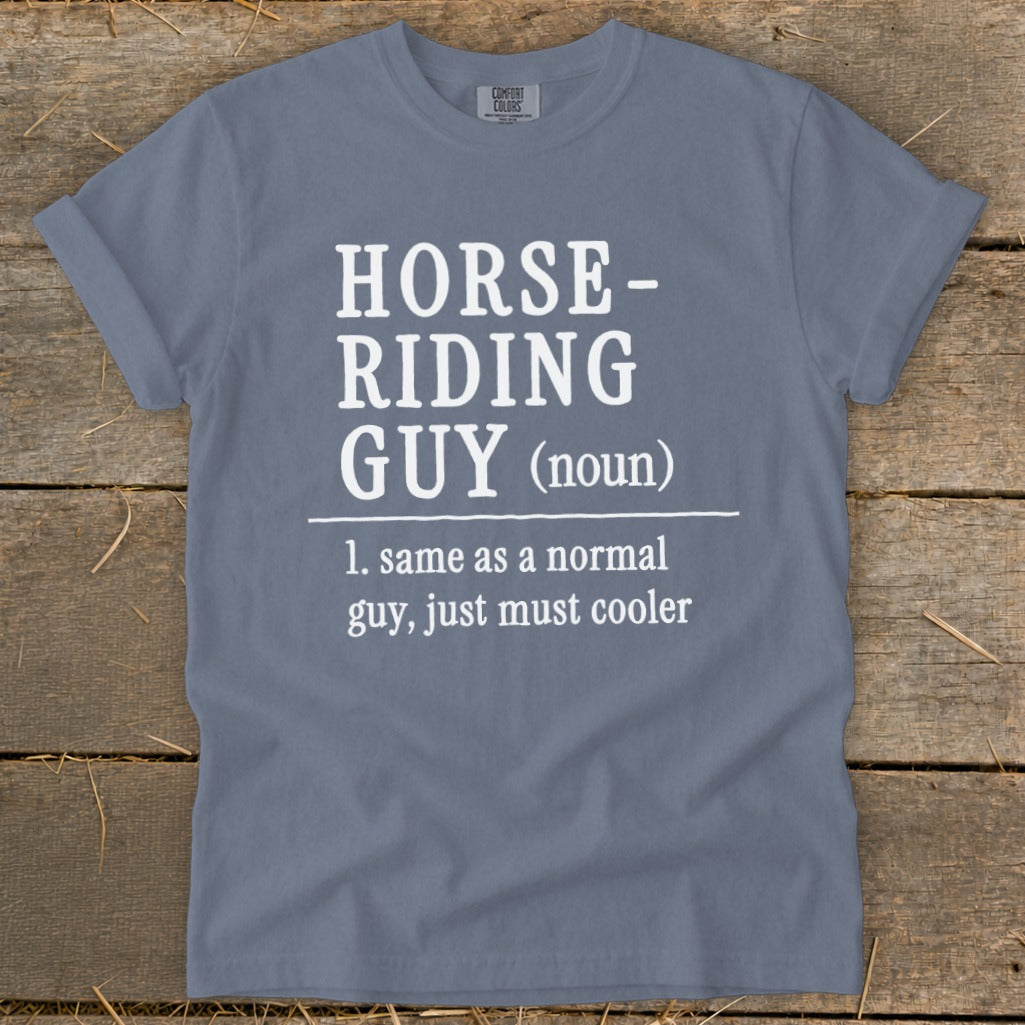 Blue t-shirt with white text defining "Horse-Riding Guy".