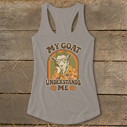 Grey tank top with a retro graphic of a goat wearing glasses and a floral shirt, reading "My Goat Understands Me."