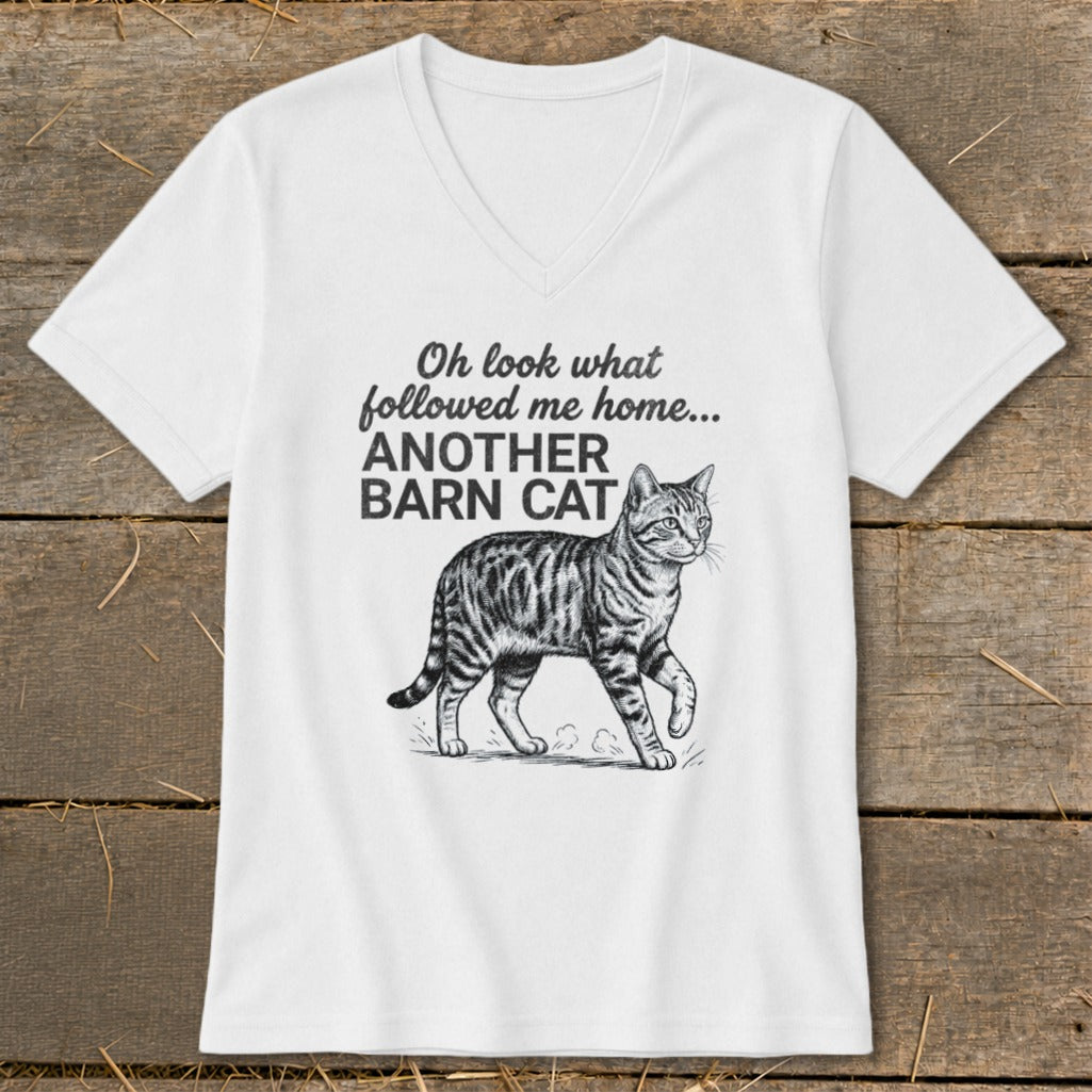 White t-shirt with "Oh look what followed me home... ANOTHER BARN CAT" and a tabby cat graphic.
