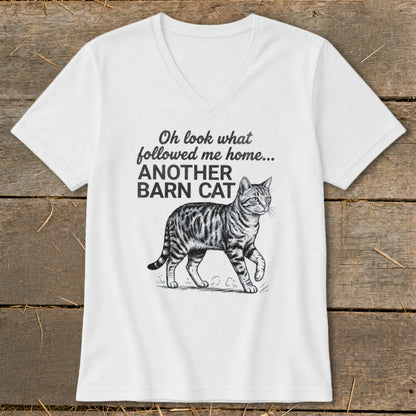 White t-shirt with "Oh look what followed me home... ANOTHER BARN CAT" and a tabby cat graphic.