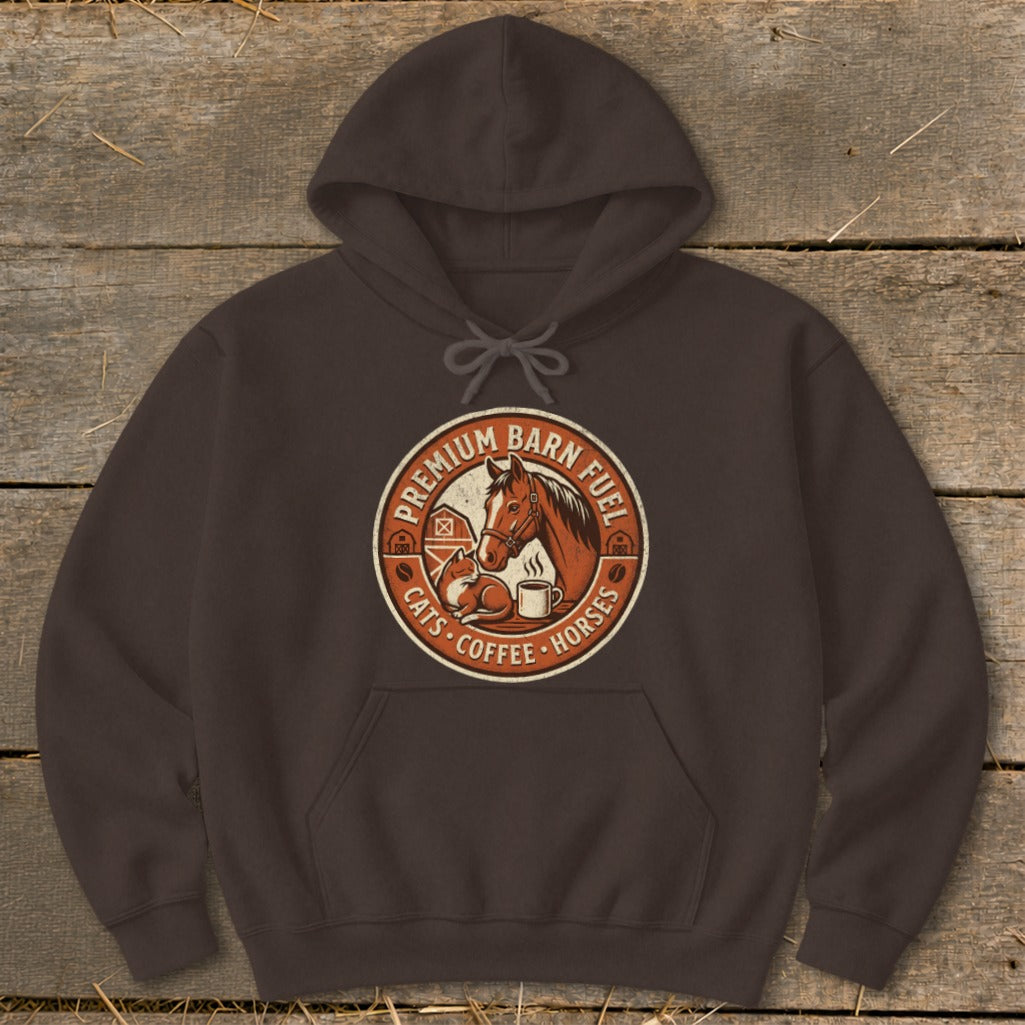 Brown hoodie with circular graphic of horse, cat, barn, and coffee cup with text.