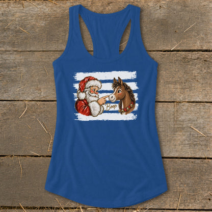 Santa booping a horse's nose with the word "Boop" on a blue tank top.