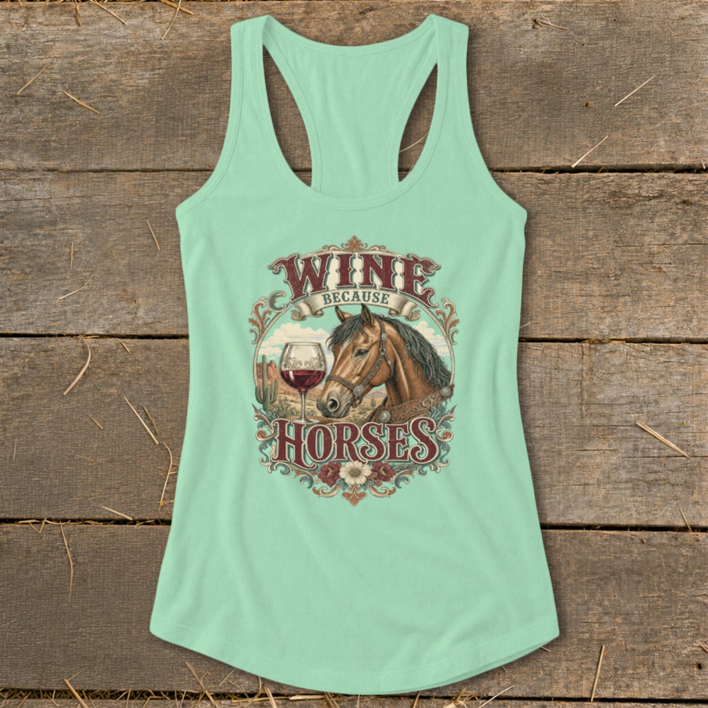 Light green tank top with "Wine Because Horses" text, a horse, and wine glass graphic.