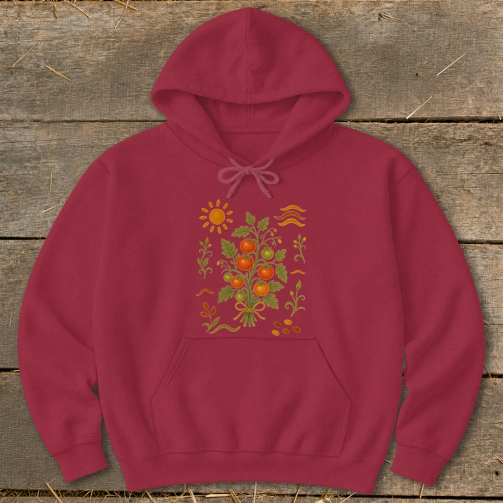 Maroon hoodie with a central embroidered design of a tomato plant and sun.