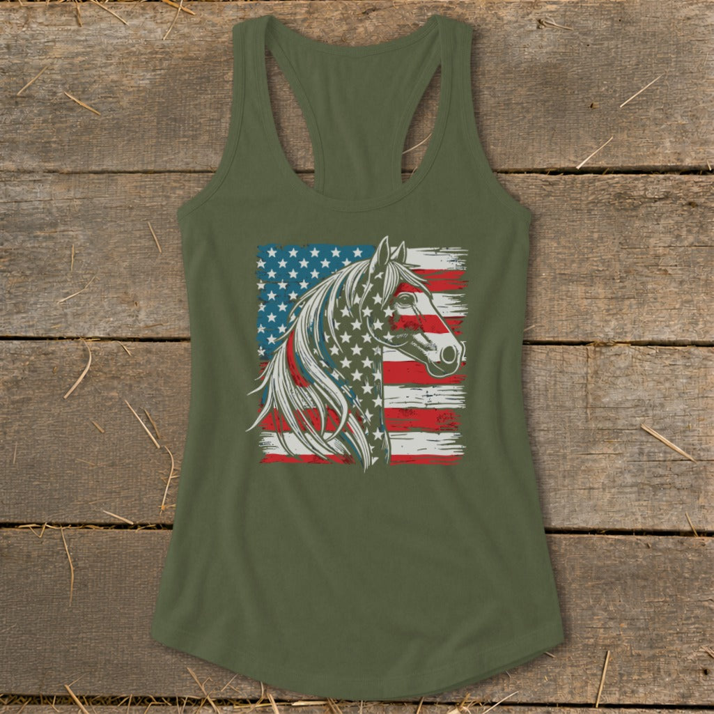 Green tank top featuring a distressed American flag horse head graphic.