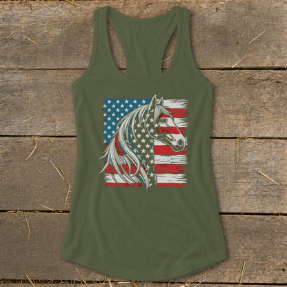 Green tank top featuring a distressed American flag horse head graphic.