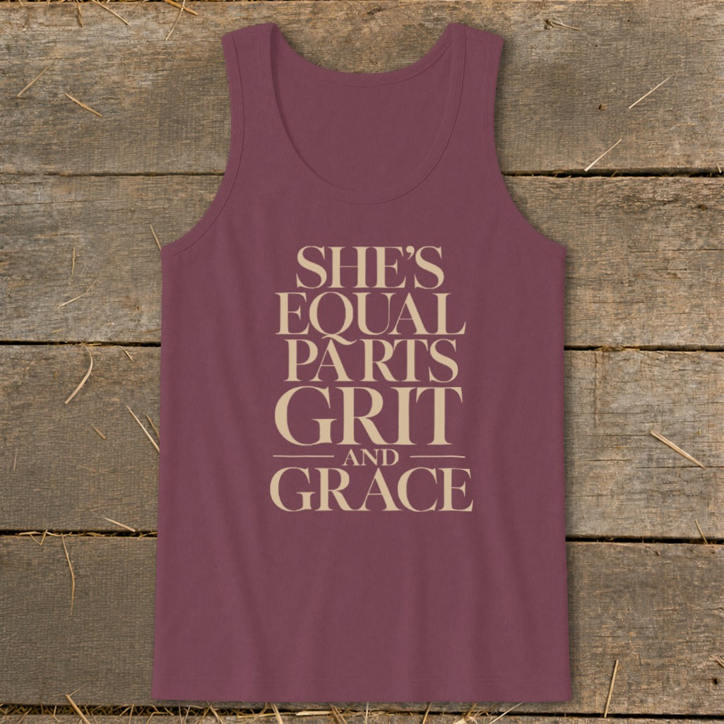 Maroon tank top with text "She's Equal Parts Grit and Grace".