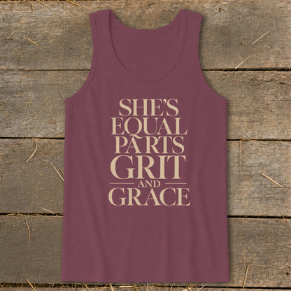Maroon tank top with text "She's Equal Parts Grit and Grace".