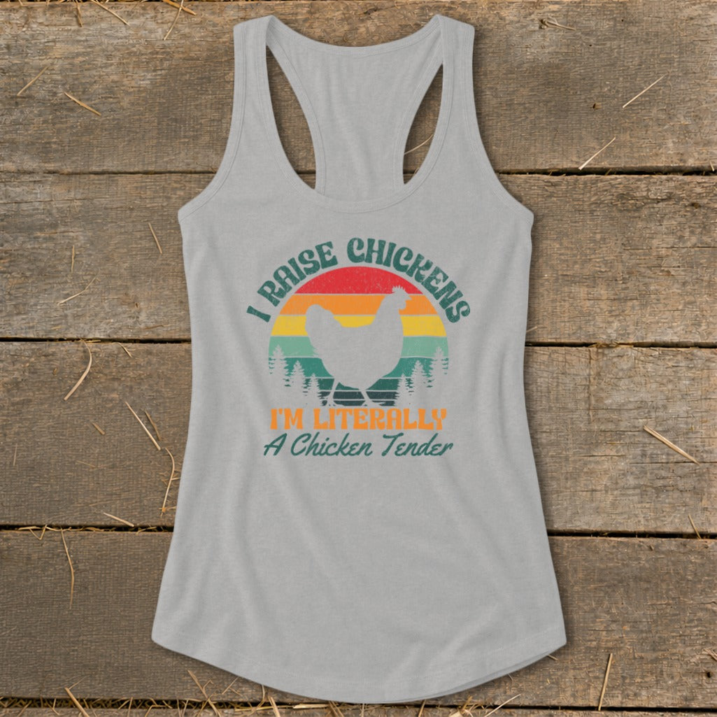 Gray tank top with "I Raise Chickens" and chicken graphic.