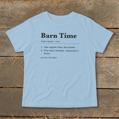 Light blue t-shirt with "Barn Time" definition text.