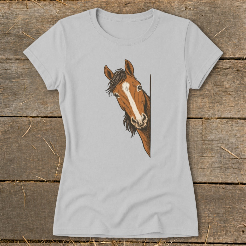 Light grey t-shirt with a brown horse head peeking around a corner graphic.