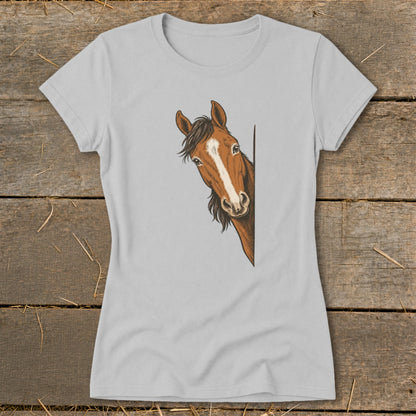 Light grey t-shirt with a brown horse head peeking around a corner graphic.