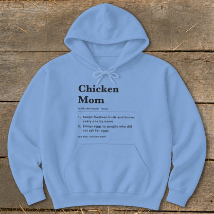 Light blue hoodie with "Chicken Mom" definition text and graphics.