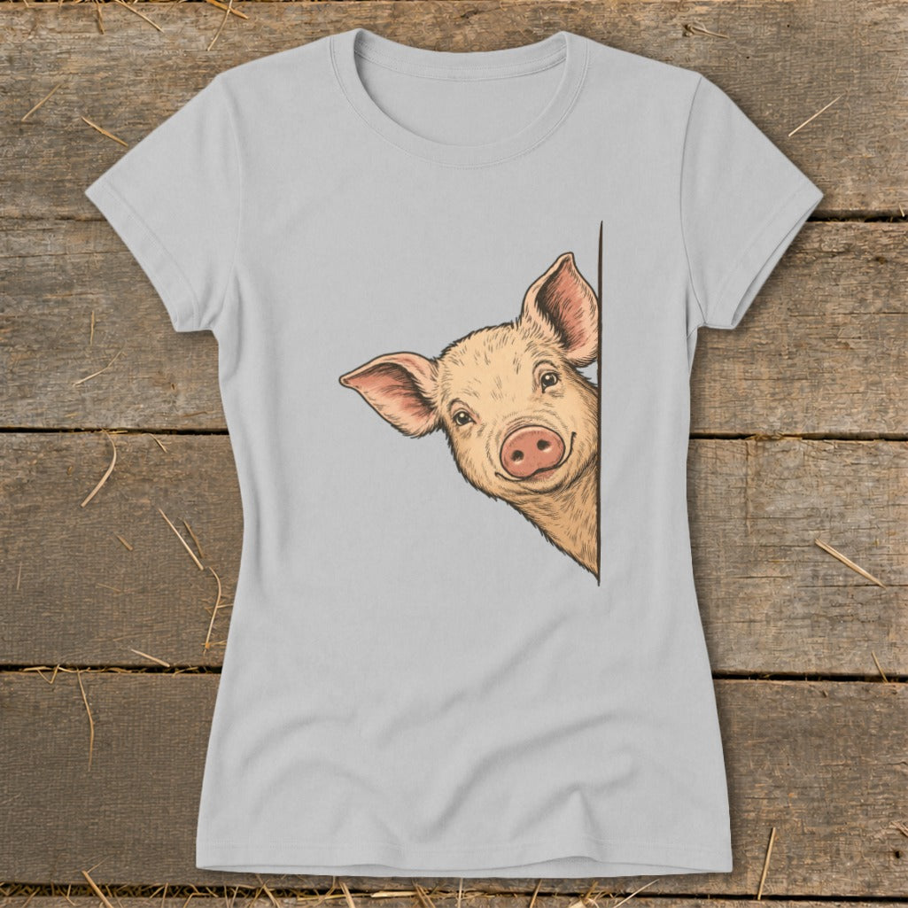 Light gray t-shirt with a drawing of a pig peeking from the side.