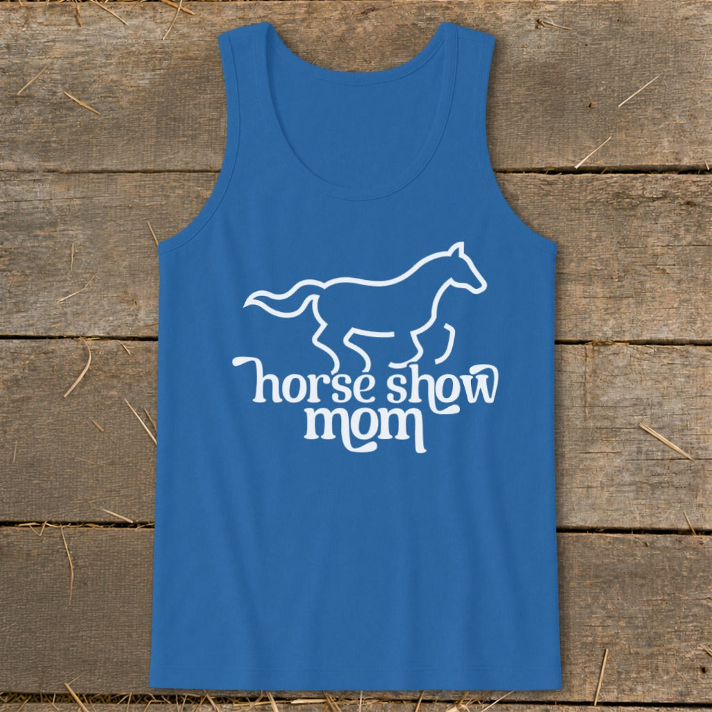 Blue tank top with white horse outline and "horse show mom" text.