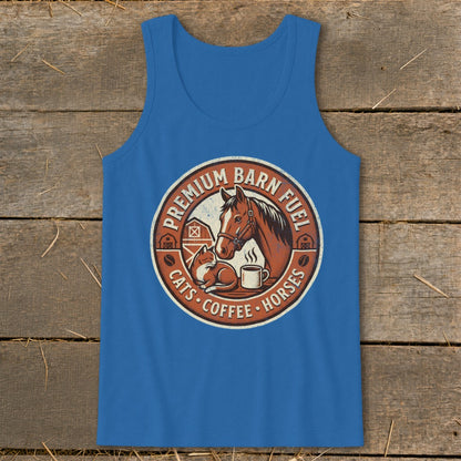 Blue tank top with circular barn graphic featuring horse, cat, and coffee.