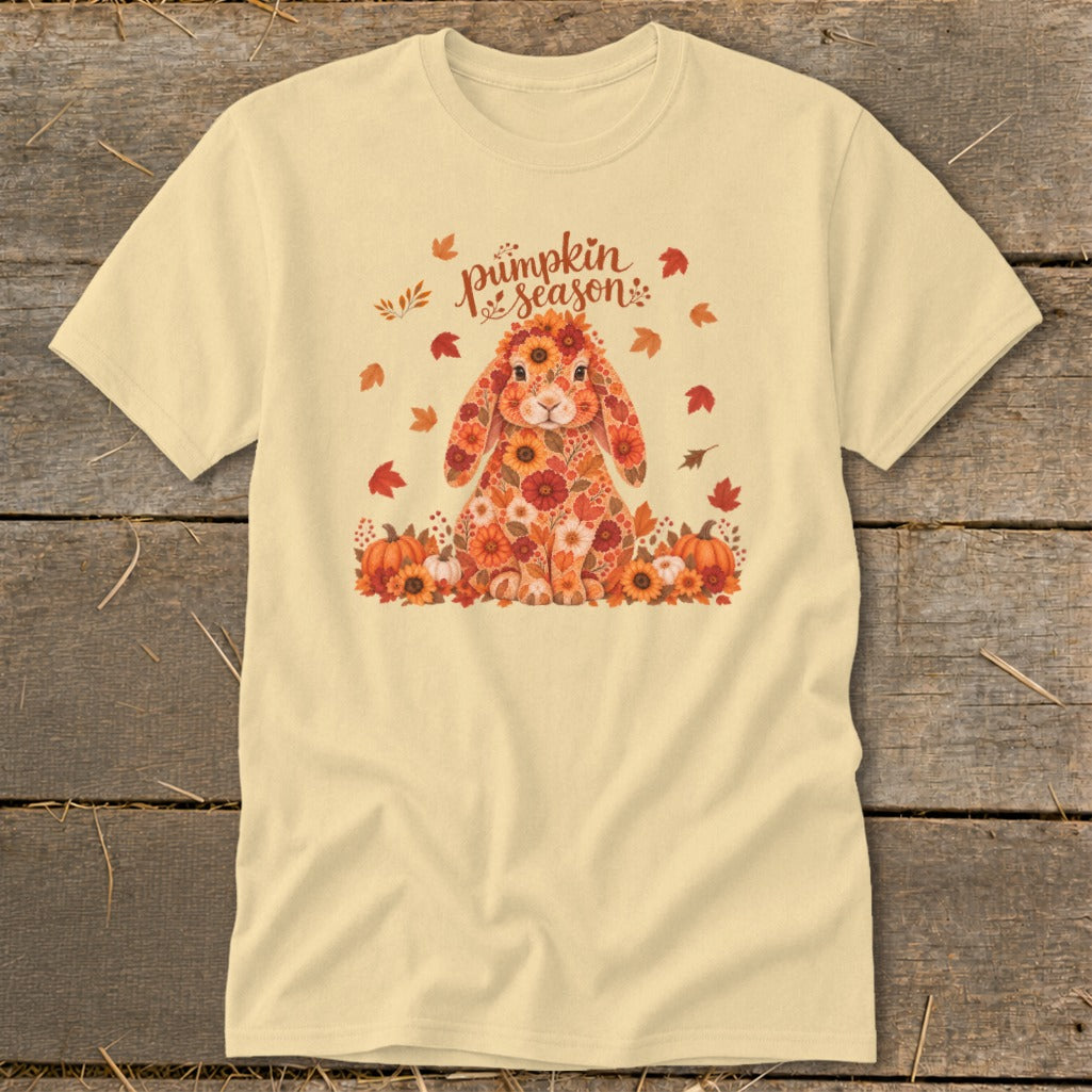 Light yellow t-shirt with a floral bunny and pumpkins, reading "pumpkin season".