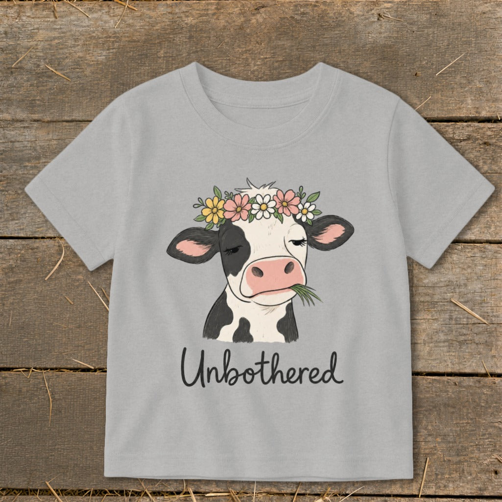Gray t-shirt with a cartoon cow wearing a flower crown and chewing grass, text reads "Unbothered".