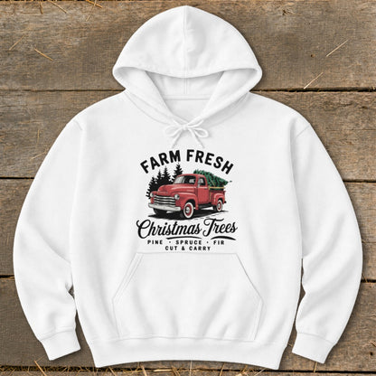 White hoodie with "Farm Fresh Christmas Trees" text and vintage red truck.