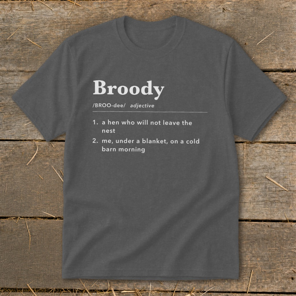 Dark grey t-shirt with the word "Broody" and its definitions printed on it.