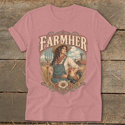 T-shirt graphic with "FARMHER" text, a farmer woman, rooster, and farm scene.