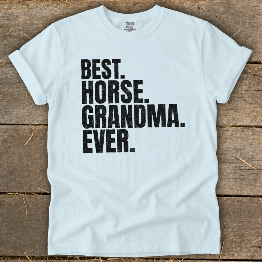 White t-shirt with black text reading "BEST. HORSE. GRANDMA. EVER."