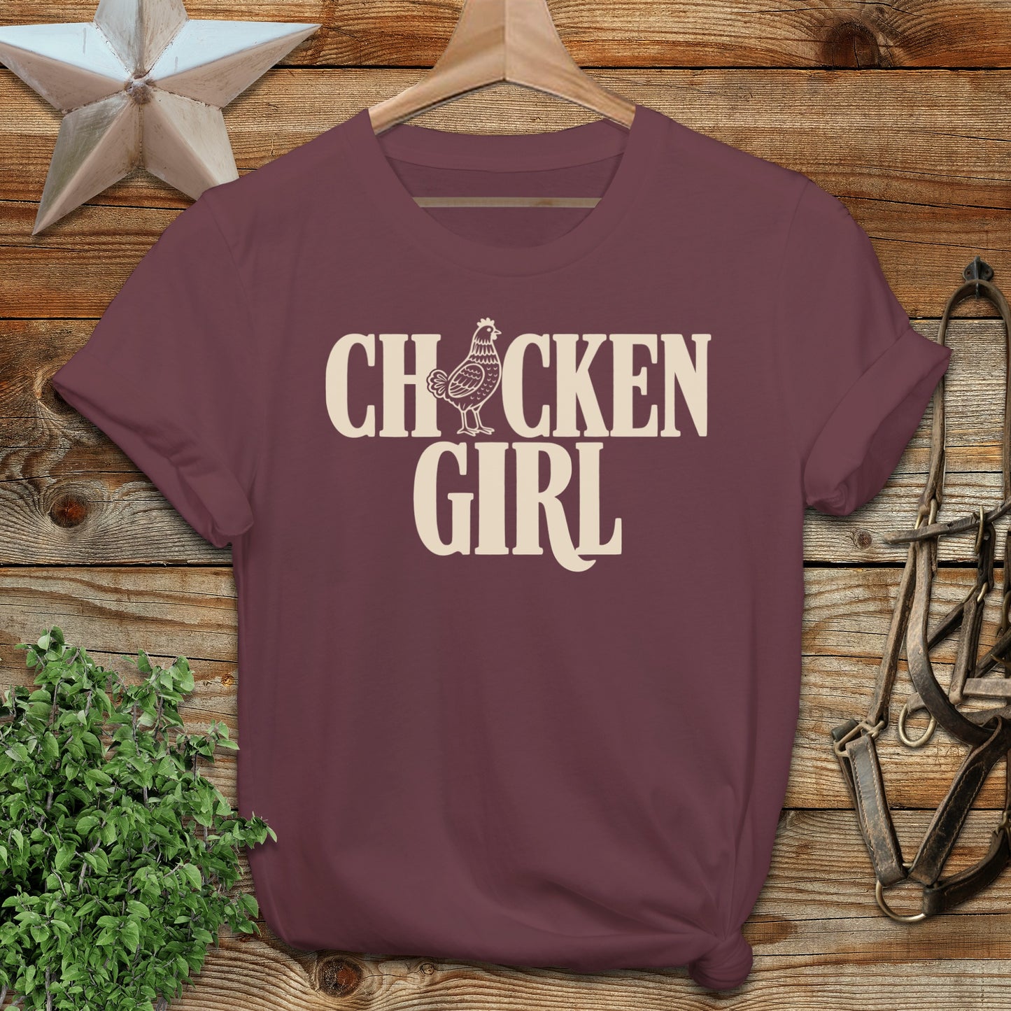 Burgundy t-shirt with "CHICKEN GIRL" and a chicken graphic.