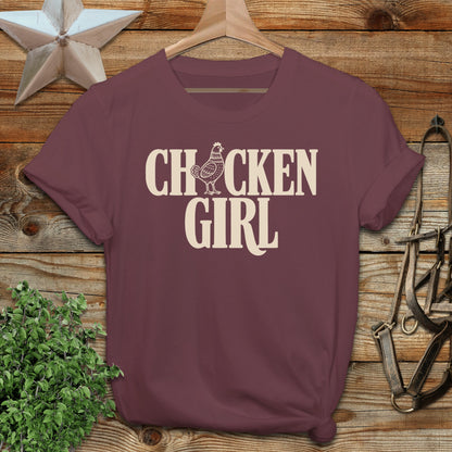 Burgundy t-shirt with "CHICKEN GIRL" and a chicken graphic.