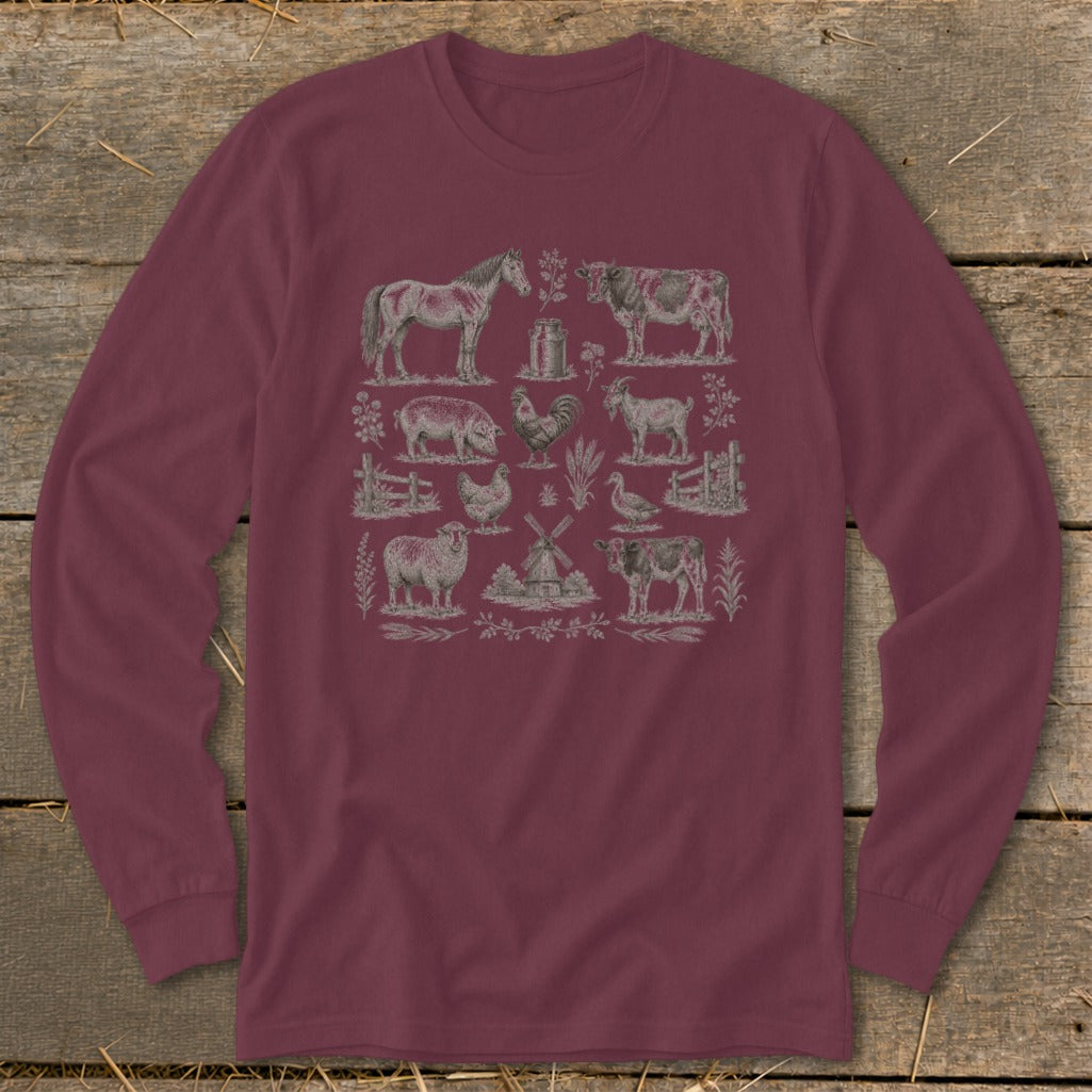 Maroon long sleeve shirt with a vintage farm animal collage print.