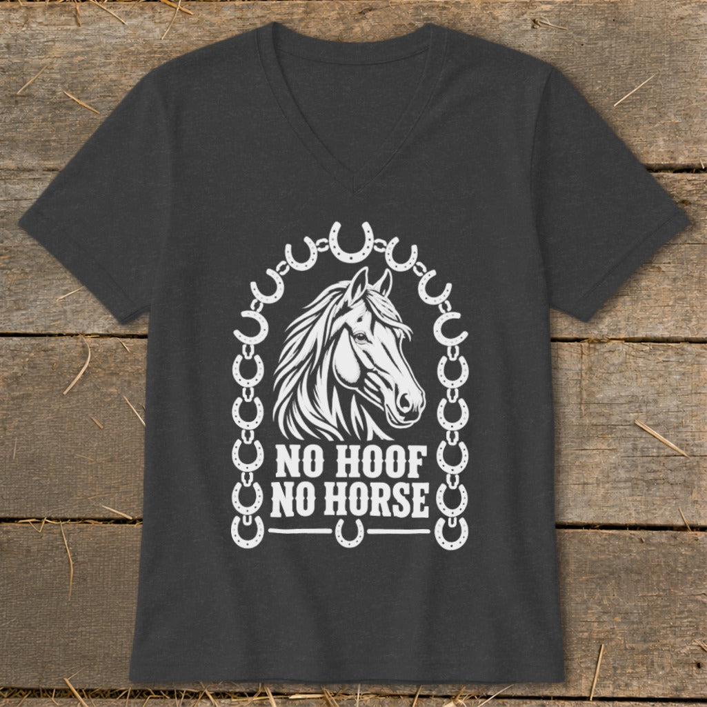 Dark gray t-shirt with a white graphic of a horse head and the text "NO HOOF NO HORSE".