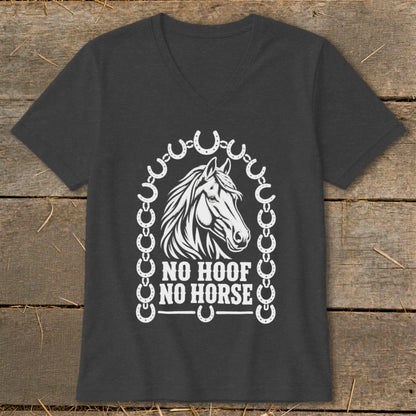 Dark gray t-shirt with a white graphic of a horse head and the text "NO HOOF NO HORSE".