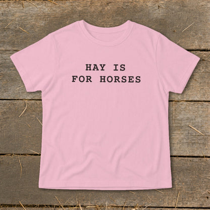 Pink t-shirt with black text "HAY IS FOR HORSES" on a wooden background.
