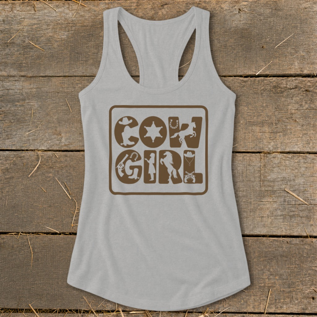 Gray racerback tank top with "Cow Girl" graphic featuring Western icons.