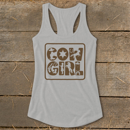 Gray racerback tank top with "Cow Girl" graphic featuring Western icons.