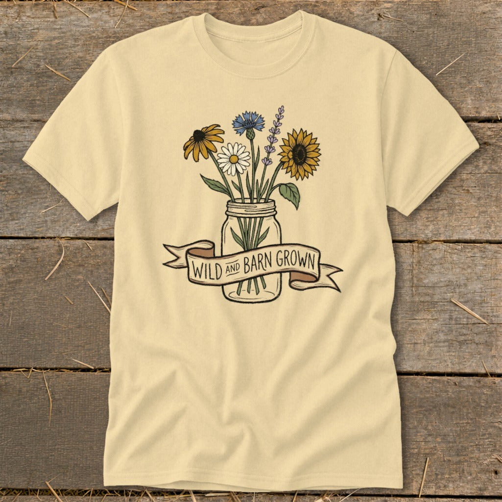 Cream t-shirt with mason jar floral design and "Wild and Barn Grown" banner.