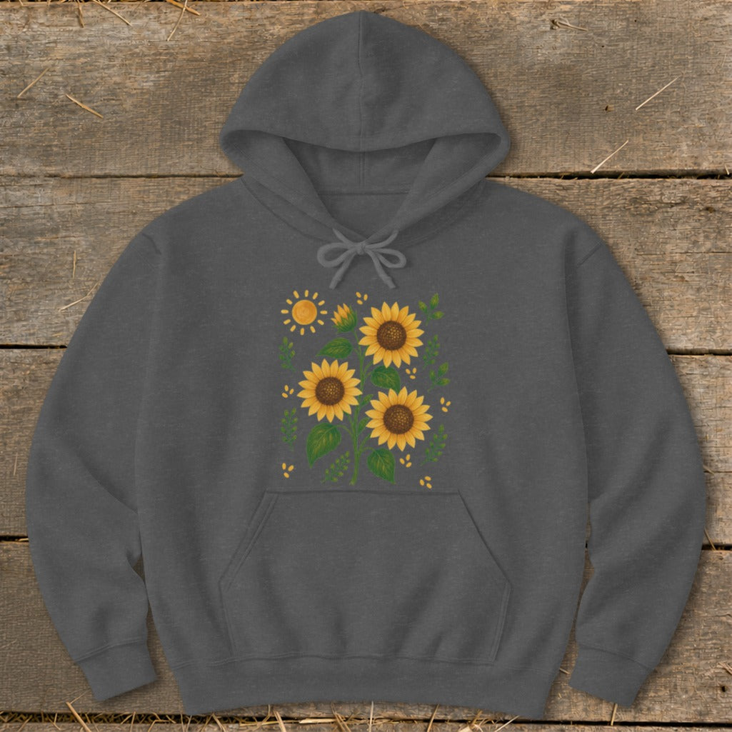 Dark gray hoodie with a floral design of sunflowers and a sun.