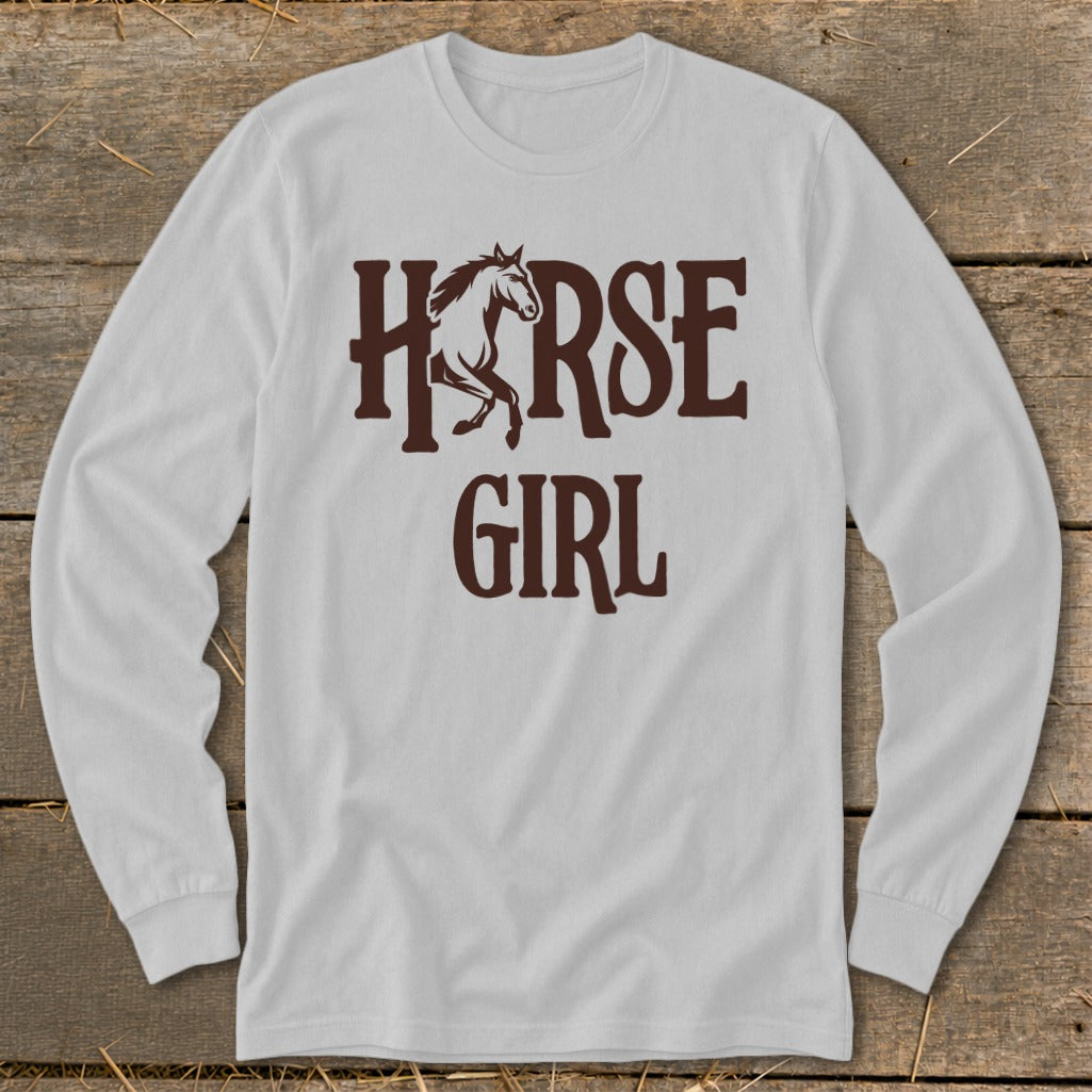 White long-sleeve shirt with "HORSE GIRL" text and a horse silhouette.