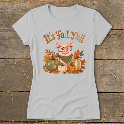 Pig with glasses and bandana, surrounded by pumpkins and fall leaves, with "It's Fall Y'all" text.