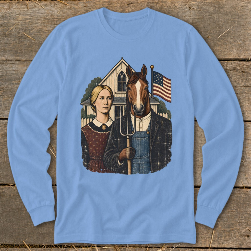 Light blue long-sleeve t-shirt featuring a parody of American Gothic with a horse holding a pitchfork.