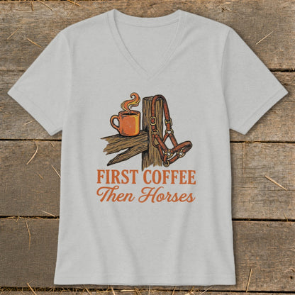 Light gray t-shirt graphic with coffee cup, horse halter, and text "First Coffee Then Horses".