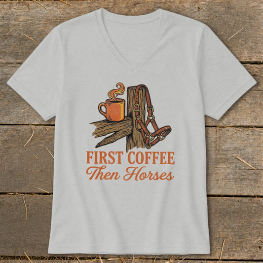 Light gray t-shirt graphic with coffee cup, horse halter, and text "First Coffee Then Horses".