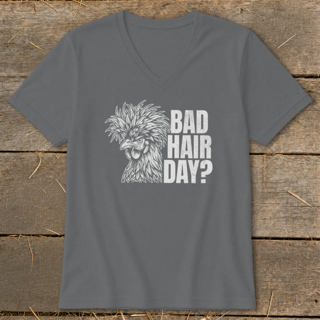 Gray v-neck t-shirt with a chicken graphic and text "BAD HAIR DAY?".