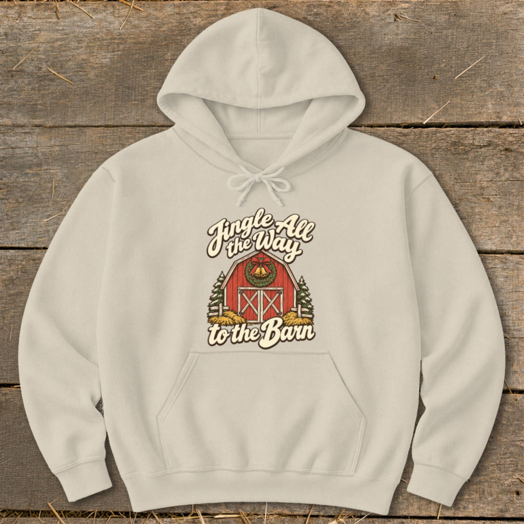 Cream hoodie with "Jingle All the Way to the Barn" text and barn graphic.