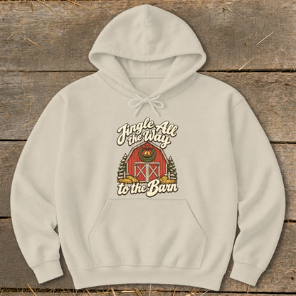 Cream hoodie with "Jingle All the Way to the Barn" text and barn graphic.