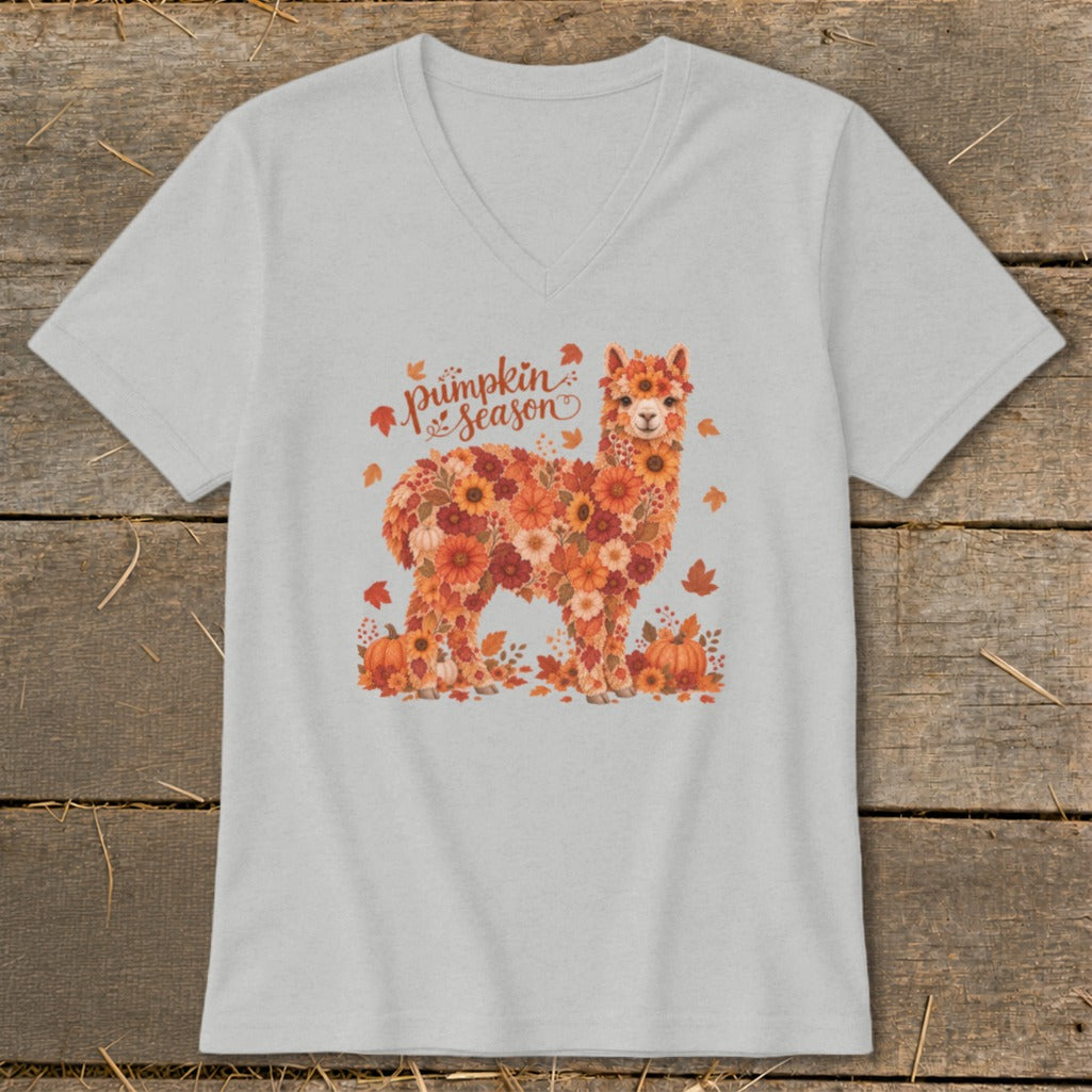 Alpaca made of flowers and leaves with "Pumpkin Season" text and pumpkins.
