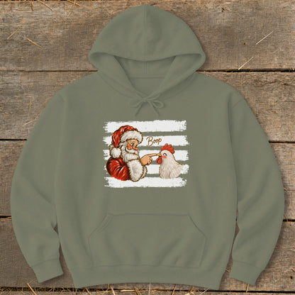 Santa Claus booping a chicken with the word "Boop" on a green hoodie.