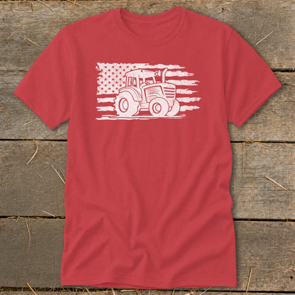 Red t-shirt with white distressed tractor and American flag graphic.