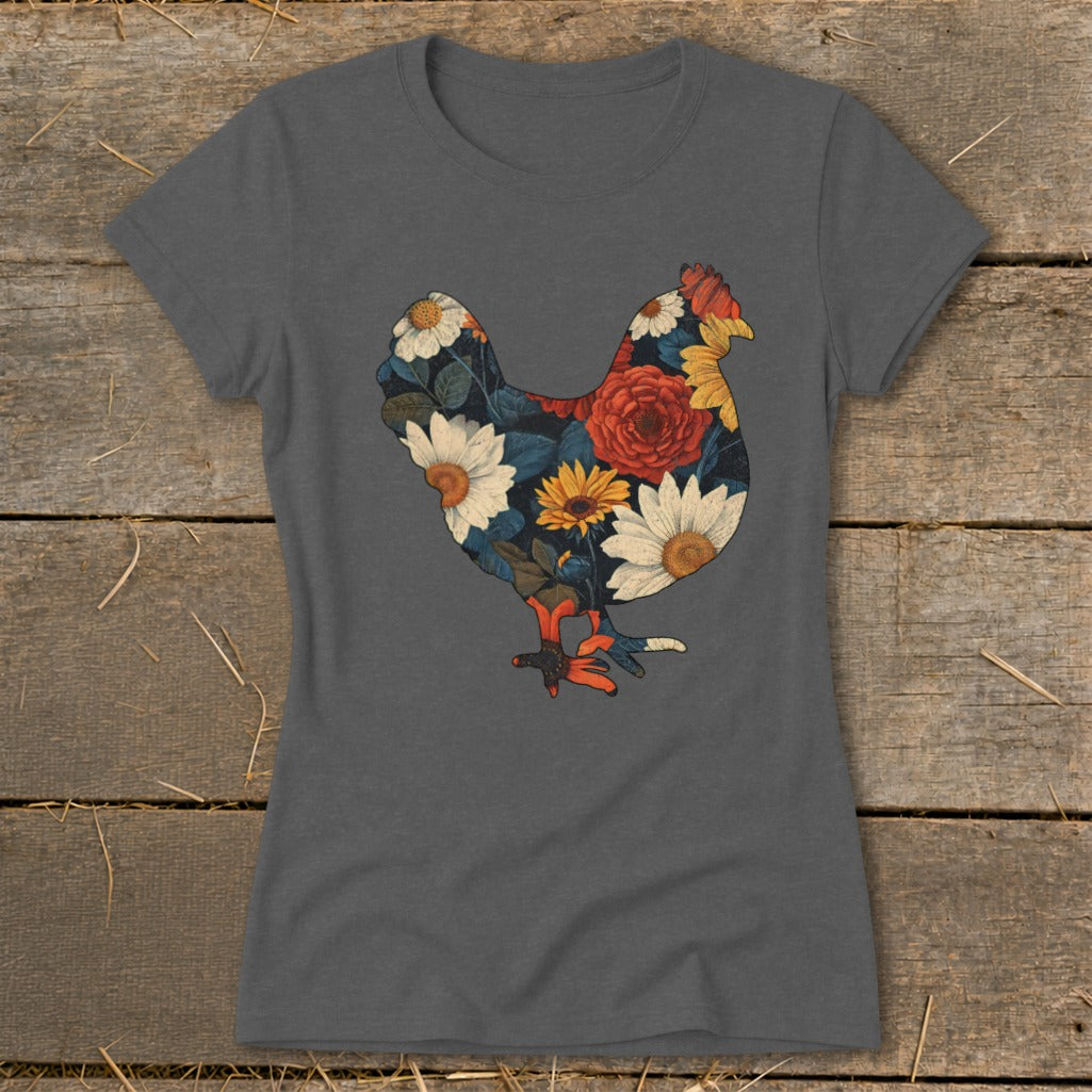 Dark gray t-shirt with a chicken silhouette filled with a floral pattern.