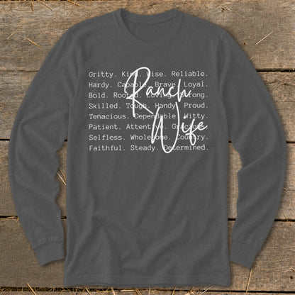 Long sleeve shirt with "Ranch Wife" and character traits in white text.