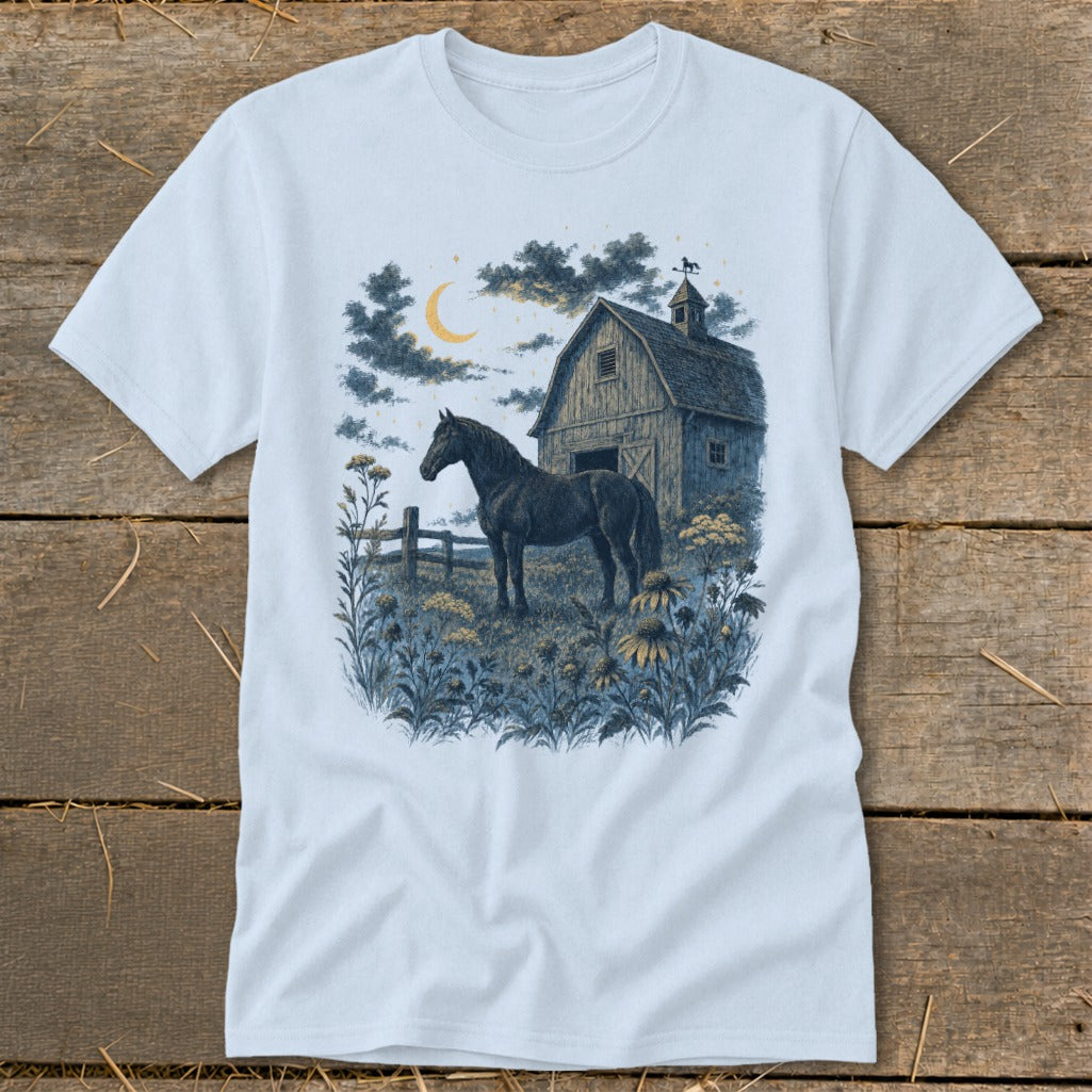 Black horse in a field at night with a barn and crescent moon.